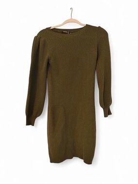 Ribbed Puff-Sleeve Knit Dress in Olive